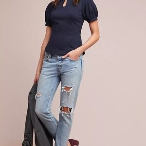 Anthropologie Navy Top with Floral Detail